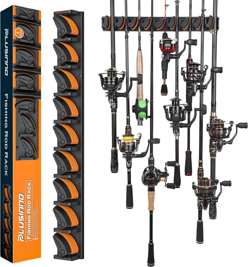 PLUSINNO V9 Vertical Fishing Rod Holders, Wall Mounted Fishing Pole Holders, Fishing Rod Rack Holds Up to 9 Rods or Combos, Fishing Rod Holders for Garage,Fishing Gear and Gifts for Men - Image 1